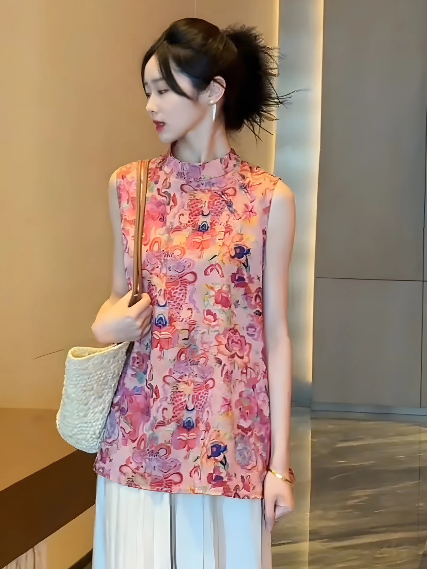 신상 중국 스타일 루즈핏 여성용 셔츠, 스팽글 장식 버튼 여름 패션 추천 상품