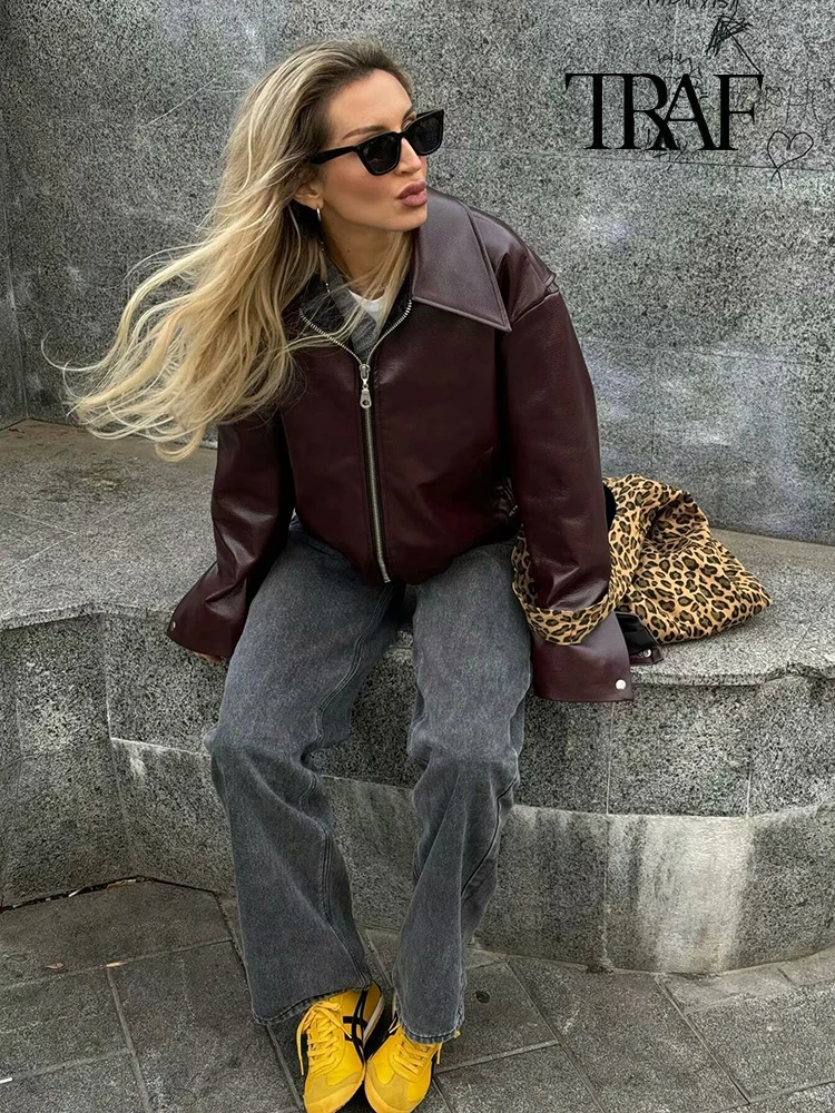 TRAF Women Fashion Lapel Zipper Patchwork Leather Jacket Retro Long Sleeve Pocket Jacket Autumn and Winter Street Style Jacket