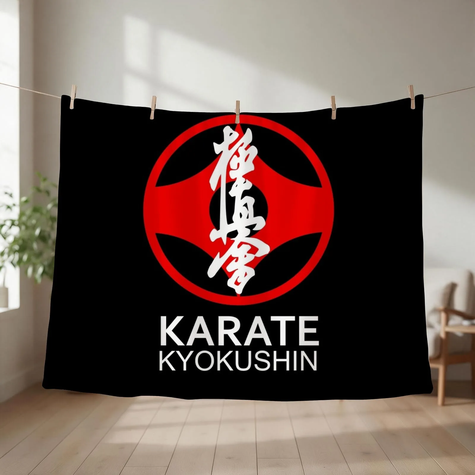 Kyokushin Karate Symbol and Kanji White Text Throw Blanket couch cozy soft plush fuzzy picnic outdoor blanket