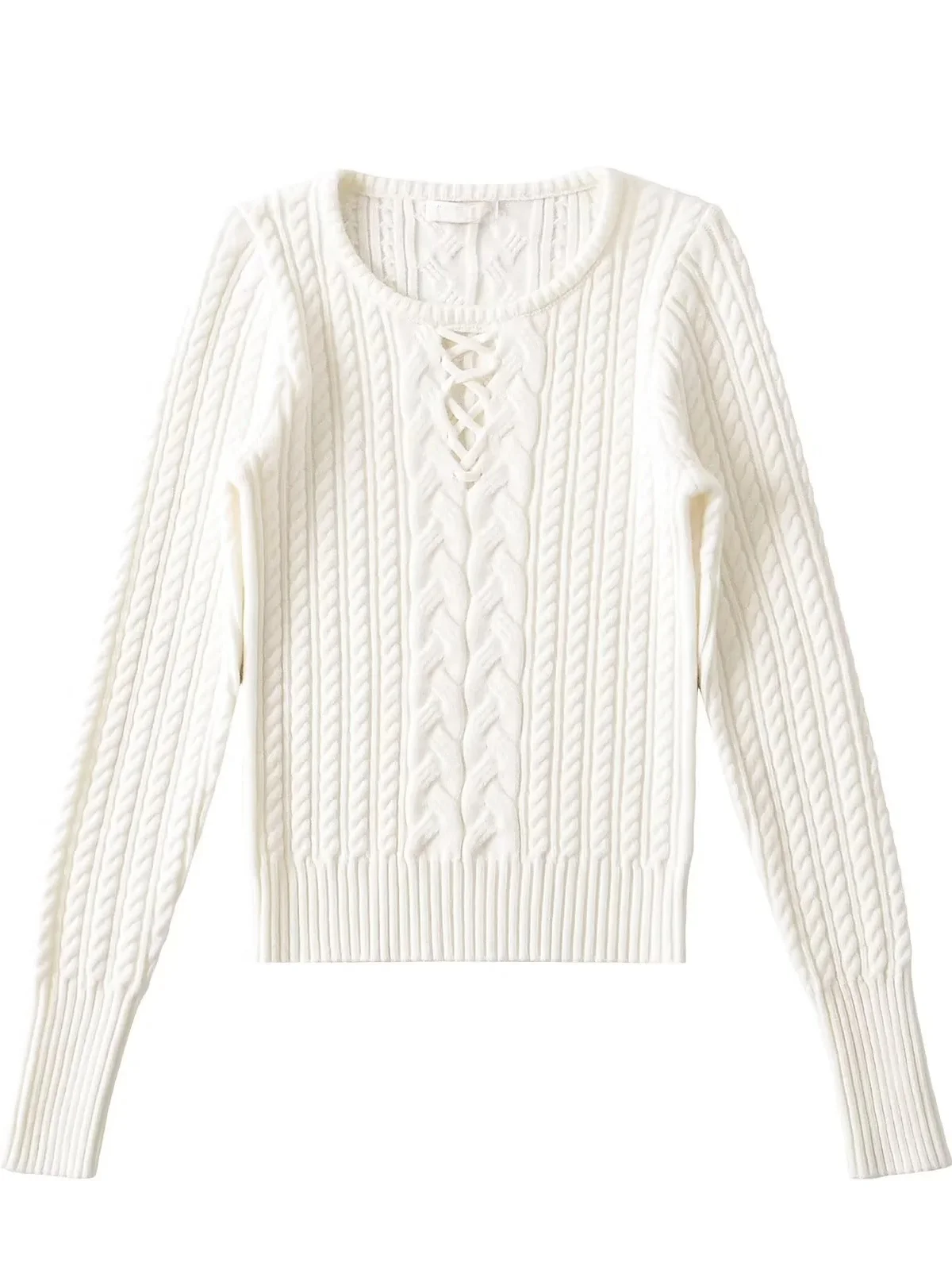 Amerykańska dzianina typu sle twist, ażurowa, okrągły dekolt, damski wyszczuplający top, krzyżowy wzór, długi rękaw, modny sweter dla dziewczyn.