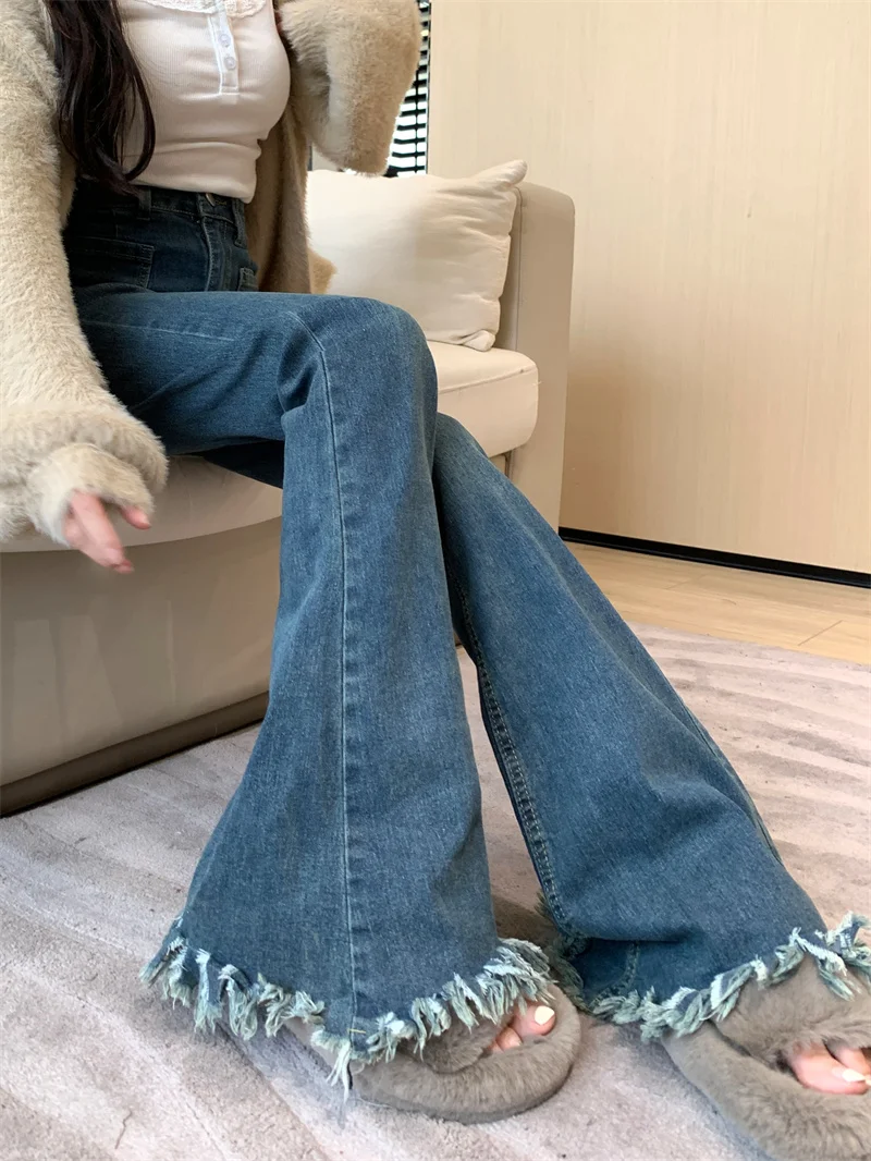 Celana jins rumbai biru wanita, celana Denim pinggang tinggi musim gugur, celana kaki lebar Micro Flare lurus, celana seret lantai ramping