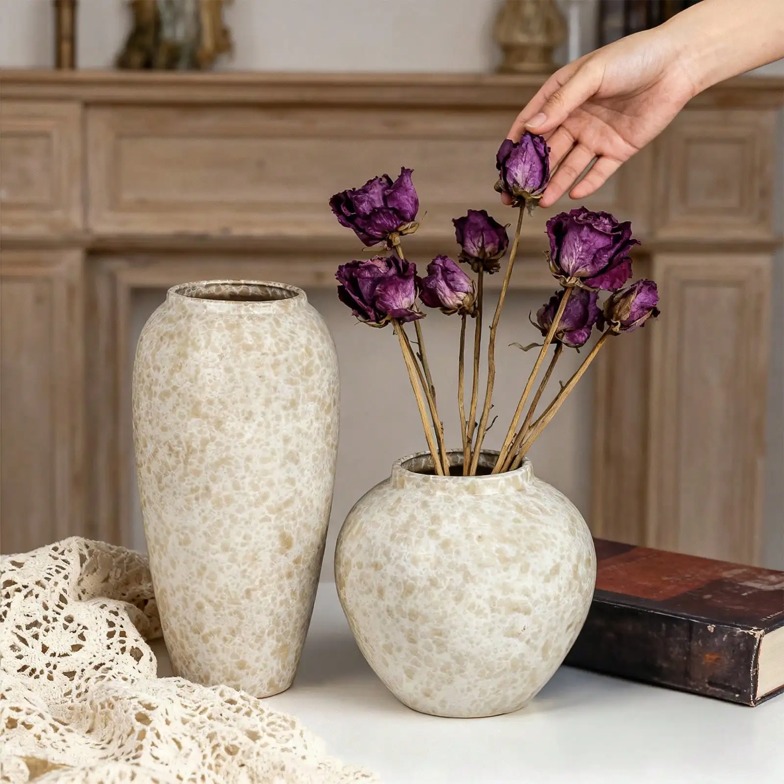 Ceramic Flower Vase, 8/13 Inch Farmhouse Rustic Table Vases With Handle Living Room Decoration Decorative Vintage Pottery For Kitchen Shelf Coffee Dining Bookshelf Fireplace Centerpiece, Wedding Decor, Spring Garden Decor, Mother's Day Gift