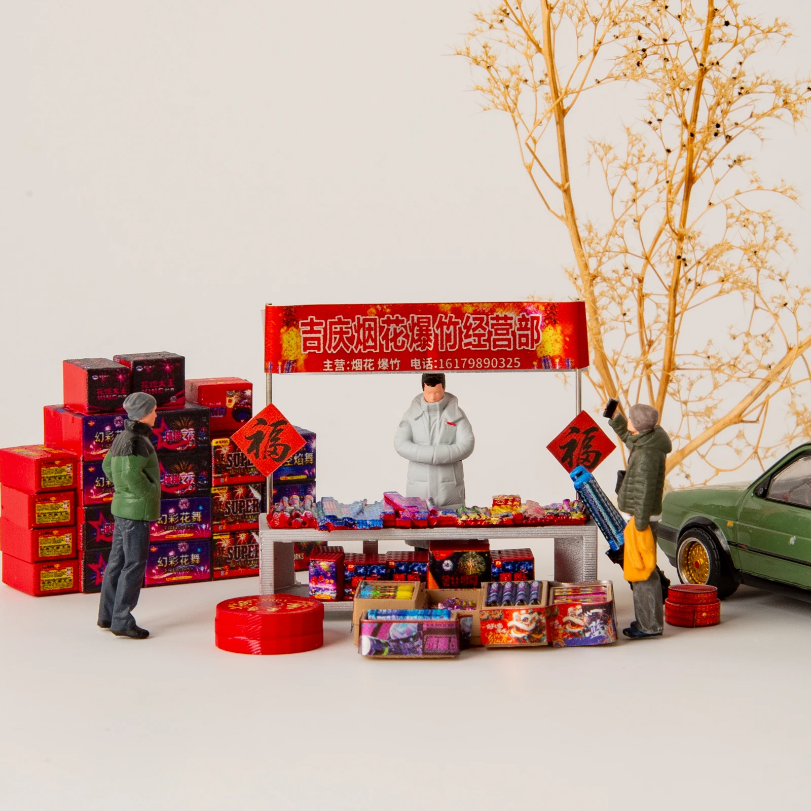 1/64 Figurines Resin Model Festival Market Stall Vendor Miniature Boxes Chinese New Year Diorama Model Car Accessories
