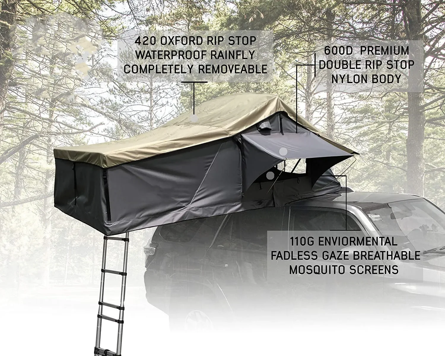 Woqi China Factory Extended Roof Top Tent - Dark Gray Base with Green Rain Fly