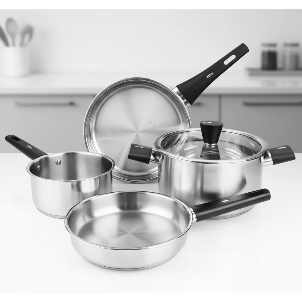 

Набор посуды премиум-класса из 6 предметов из нержавеющей стали — нетоксичный, с антипригарным покрытием, можно мыть в посудомоечной машине для всех плит