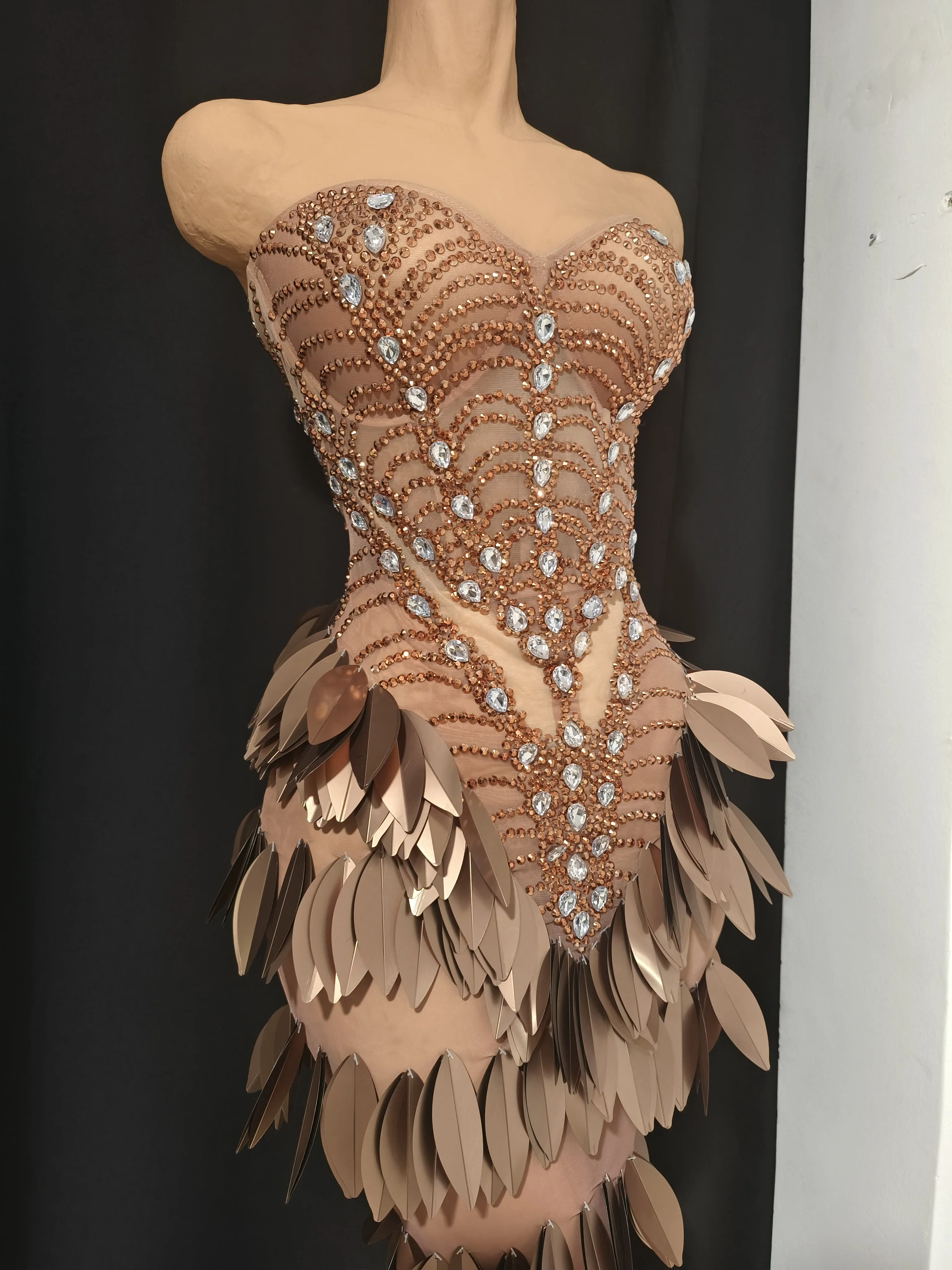 Sexy Sparkly Diamonds Leaf Strapless Mesh See Through Long Dress Birthday Evening Celebrate Party Nightclub Bar Show Stage Wear - Image 2