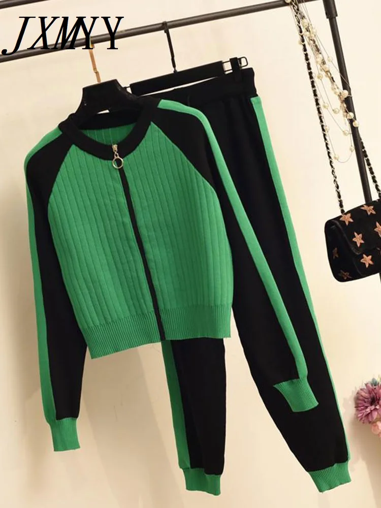 Casual Two-Piece Sweater Cardigan Jacket Women Autumn New Womens Knitted Suit Fashion Baseball Sports Zip Top And Pants Set