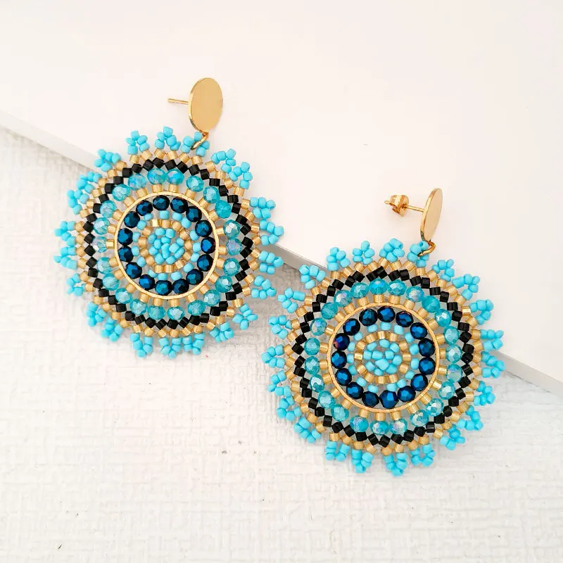 Image of Damen-Ohrringe mit böhmischen Kristall-Sonnenblumen-Perlen, handgewebt, Legierung, Kreis, schlicht, trendig, origineller Reisperlen-Schmuck