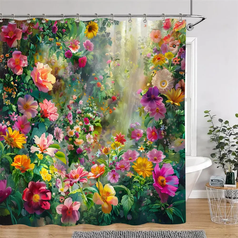 Watercolour Floral Print Shower Curtain Gorgeous Floral Rustic Flower Polyester Fabric Shower Curtains Bathroom Decor with Hooks