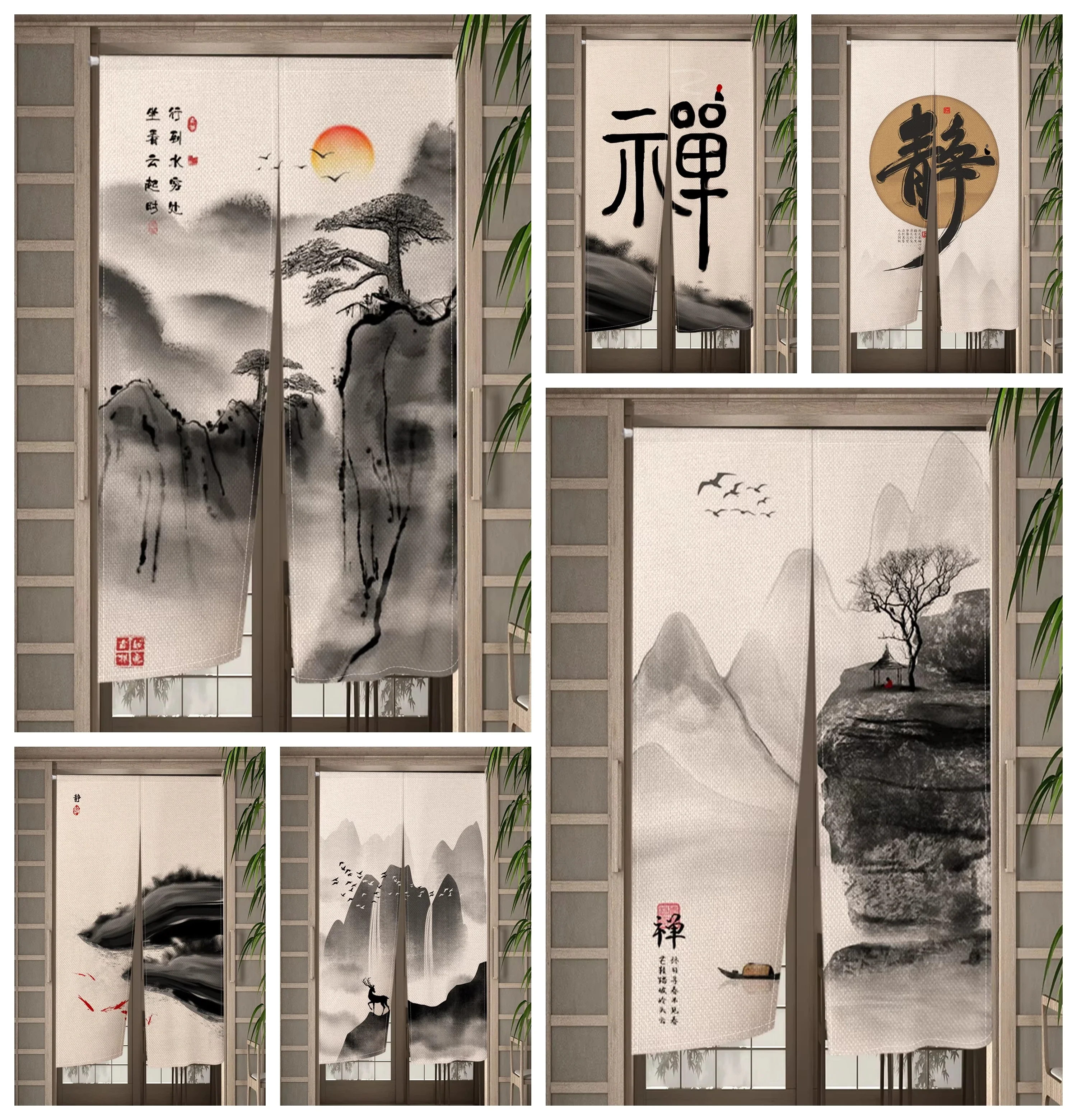 

Zen Chinese Door Curtain Ink Landscape Pine Sunset Flying Birds Japanese Linen Bedroom Kitchen Partition Decoration Half Curtain