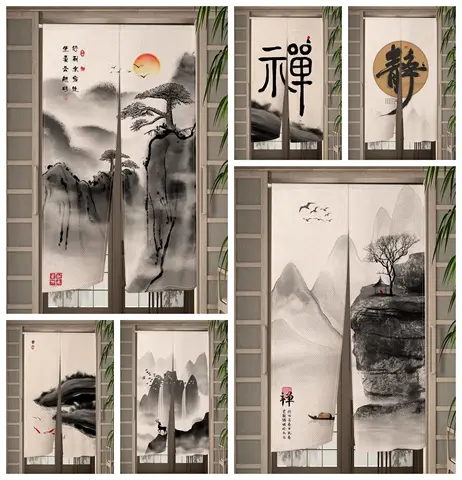 Zen Chinese Door Curtain Ink Landscape Pine Sunset Flying Birds Japanese Linen Bedroom Kitchen Partition Decoration Half Curtain
