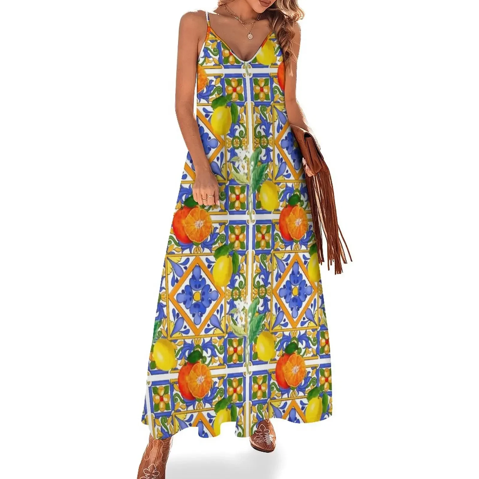 

Summer ,Sicilian tiles ,citrus,oranges,majolica,lemons ,Mediterranean Sleeveless Dress wedding guest dress 2024 Dress