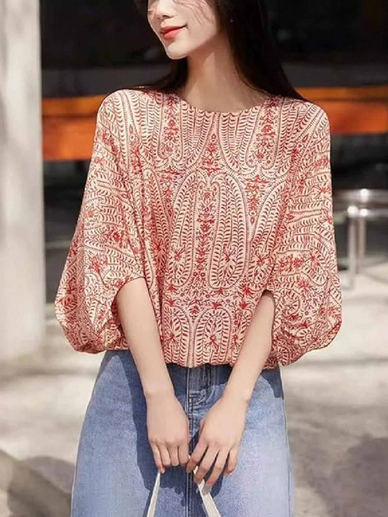 

Элегантная блузка с принтом пейсли и рукавами-баллонами, круглый вырез, свободный крой, женская, весна-лето