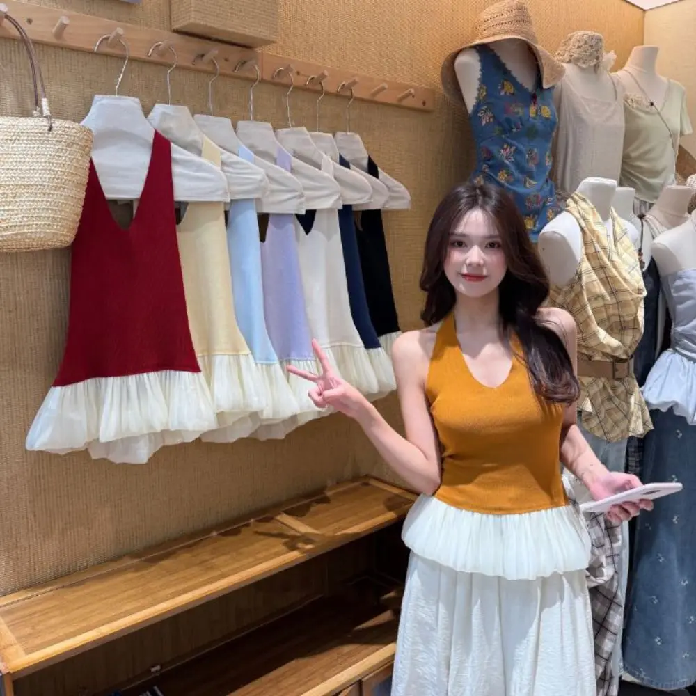 

Ins Лоскутный вязаный укороченный топ без рукавов Slim Fit с лямкой на шее, женский жилет с v-образным вырезом, милый топ для девочек