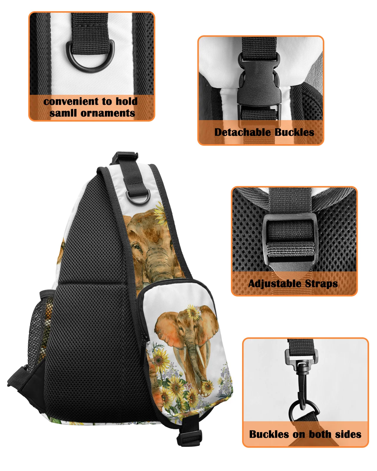 Bolsa de peito impermeável para homens e mulheres, elefante, girassol, flor, casual, esportiva, bolsa de ombro, viagem, bolsa mensageiro