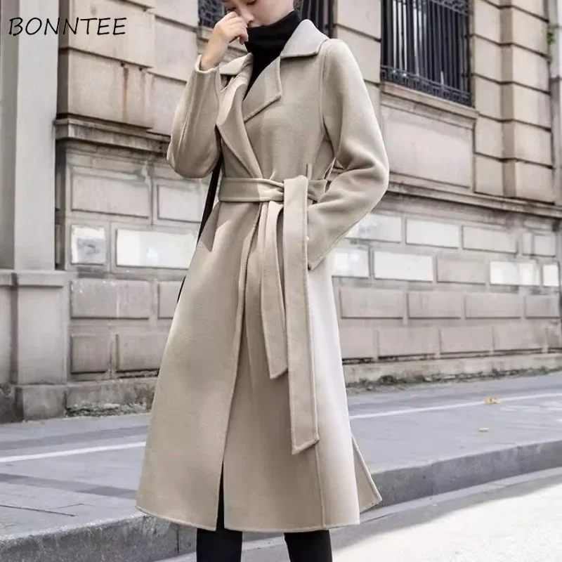 

Шерстяные женские однотонные ветрозащитные длинные стильные пальто женские на шнуровке свободная уличная одежда корейская мода простые повседневные универсальные