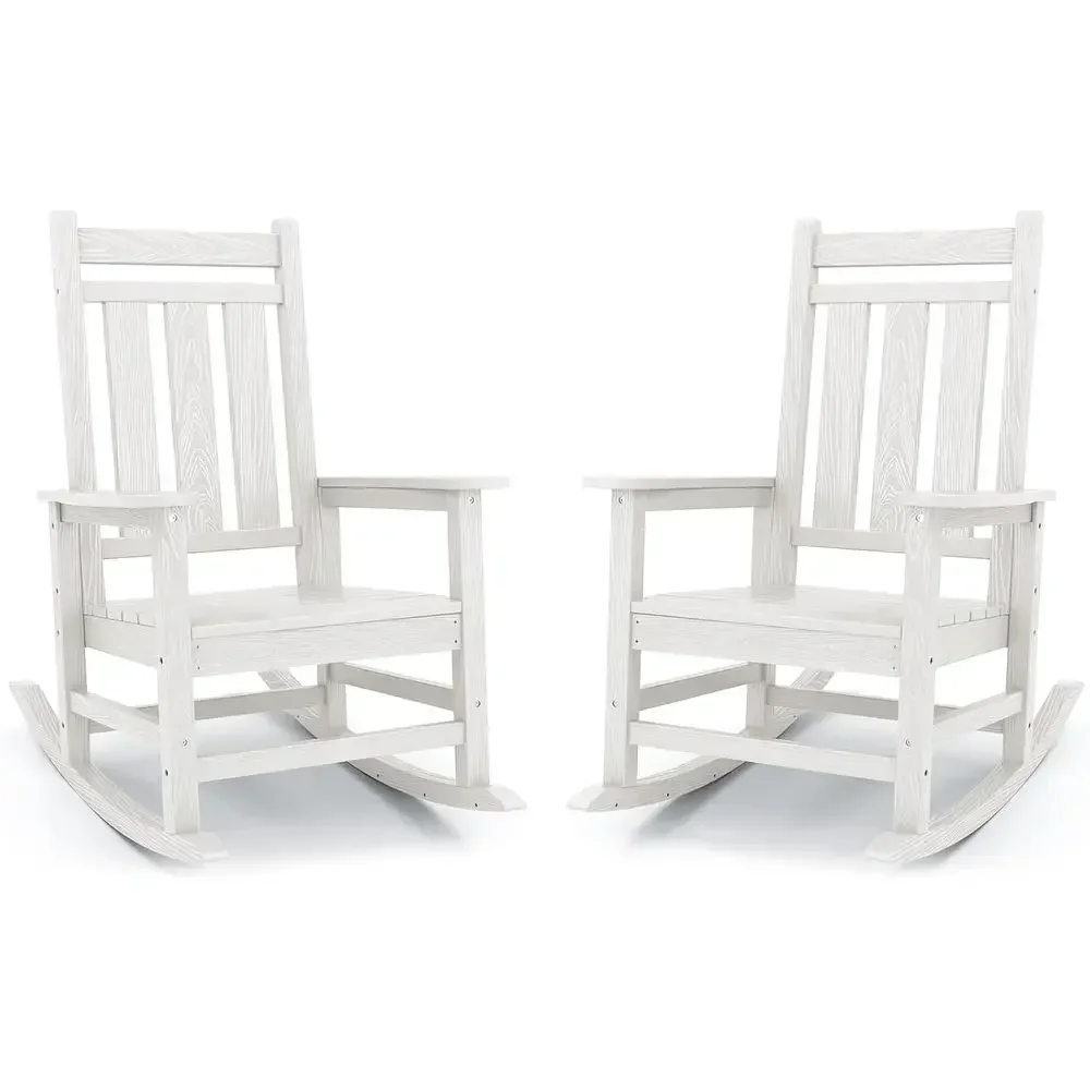 All-Weather Outdoor Rocking Chair Set of 2, High Back Patio Rockers with Wide Seats for Garden, Lawn, White
