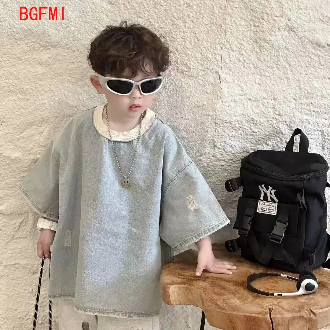 Spring Summer Children\'s Korean Denim Hole Short Sleeved Top and Beige Knitted Loose Casual Sports Pants Two-piece Set Outfits