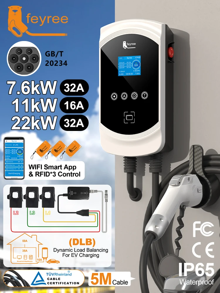 Feyree EV-Ladegerät GB/T Steckdose 32A 3-Phasen 22kW Schnellladung EVSE Wallbox Lastausgleichsfunktion AC Heimladestation für Elektroautos
