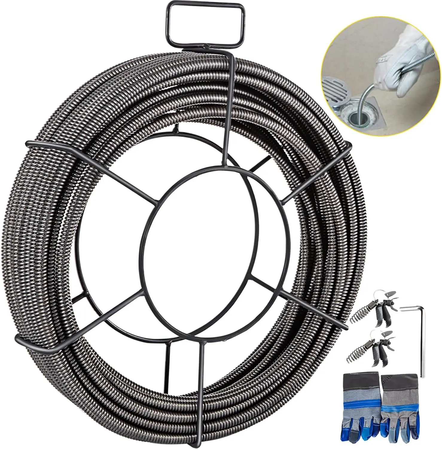 100 Ft X 1/2 Inch Solid Core Sewer Snake Clog Pipe Drain Cleaning Cable W/Four Shapes of Cutters, Black