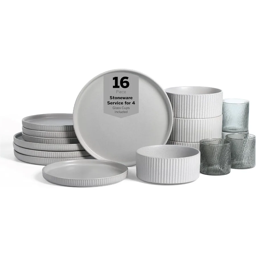 

Haven Stoneware 16Piece Dinnerware Set Plates and Bowls Sets for 4 Grey Dish Set Includes Dinner and Salad Plates Cereal Bowls