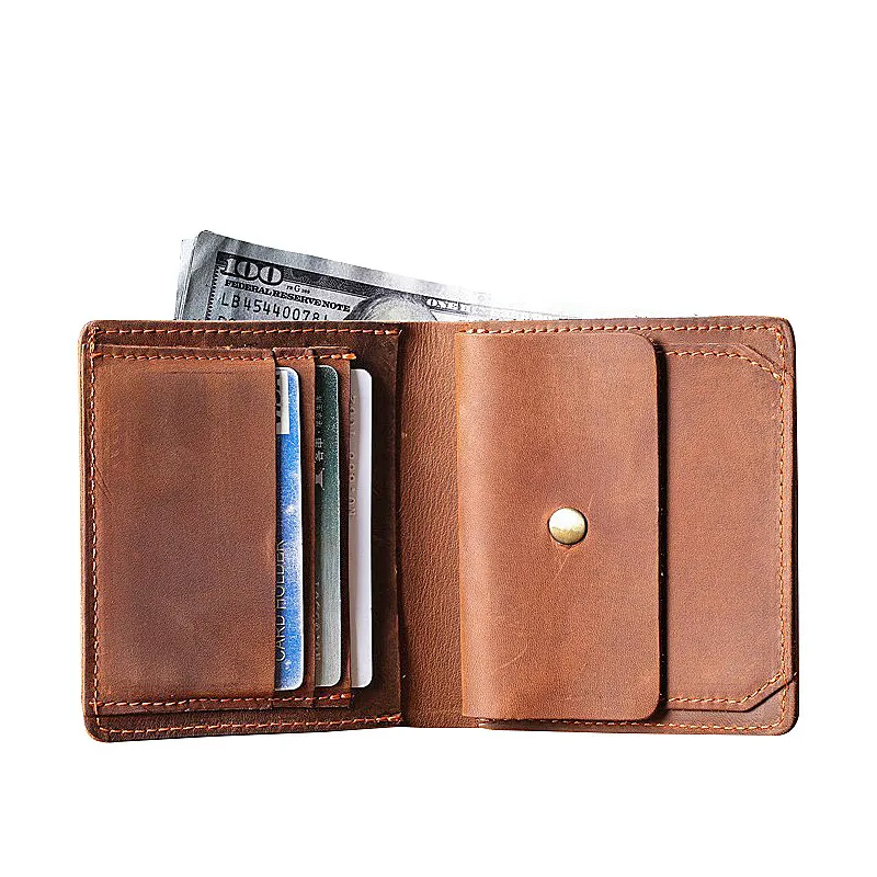 

Retro Crazy Horse Leather Mens Wallet Slim ID Card Wallets Multiple Cards Slots with Change Coins Pocket Billfold Moneybag