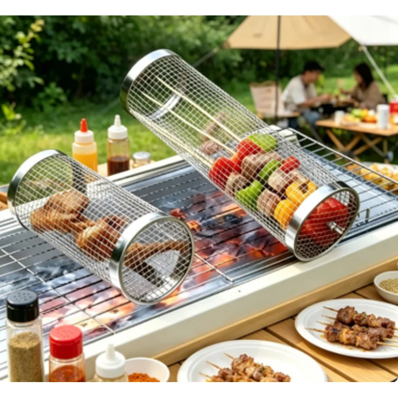 Portable BBQ Rolling Grill Cage, Stainless Steel Barbecue Basket, Durable Outdoor Grill Tool for Meat Seafood Vegetable Cooking