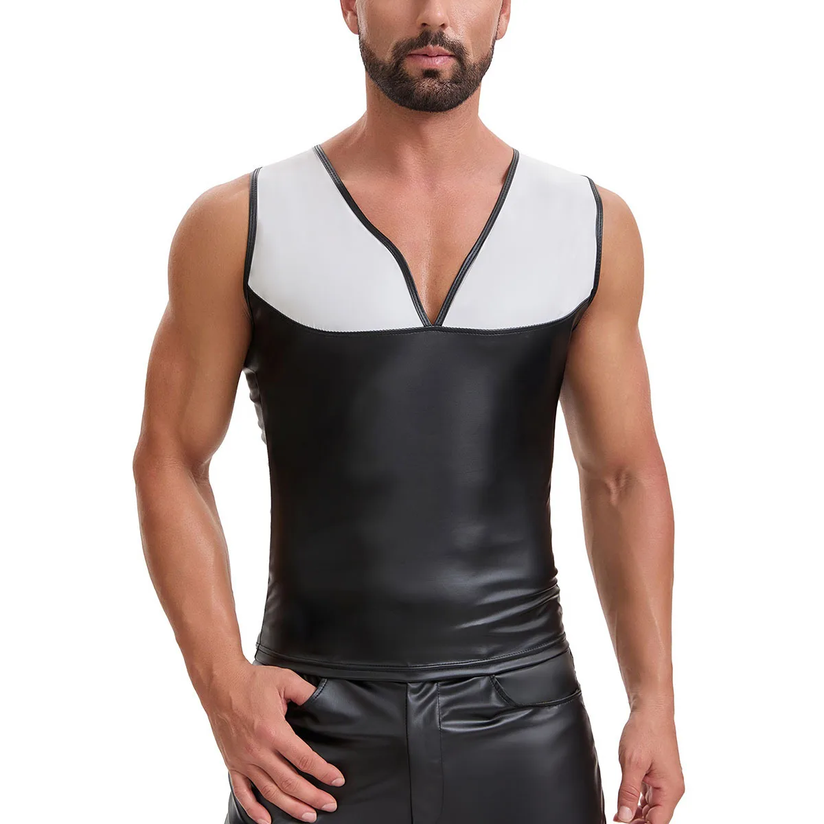 Plus Size S-7XL Men's PU Leather Tank Tops Sleeveless T-shirts Nightclub Dance Vest Male Faux Leather Undershirts Stage Clubwear