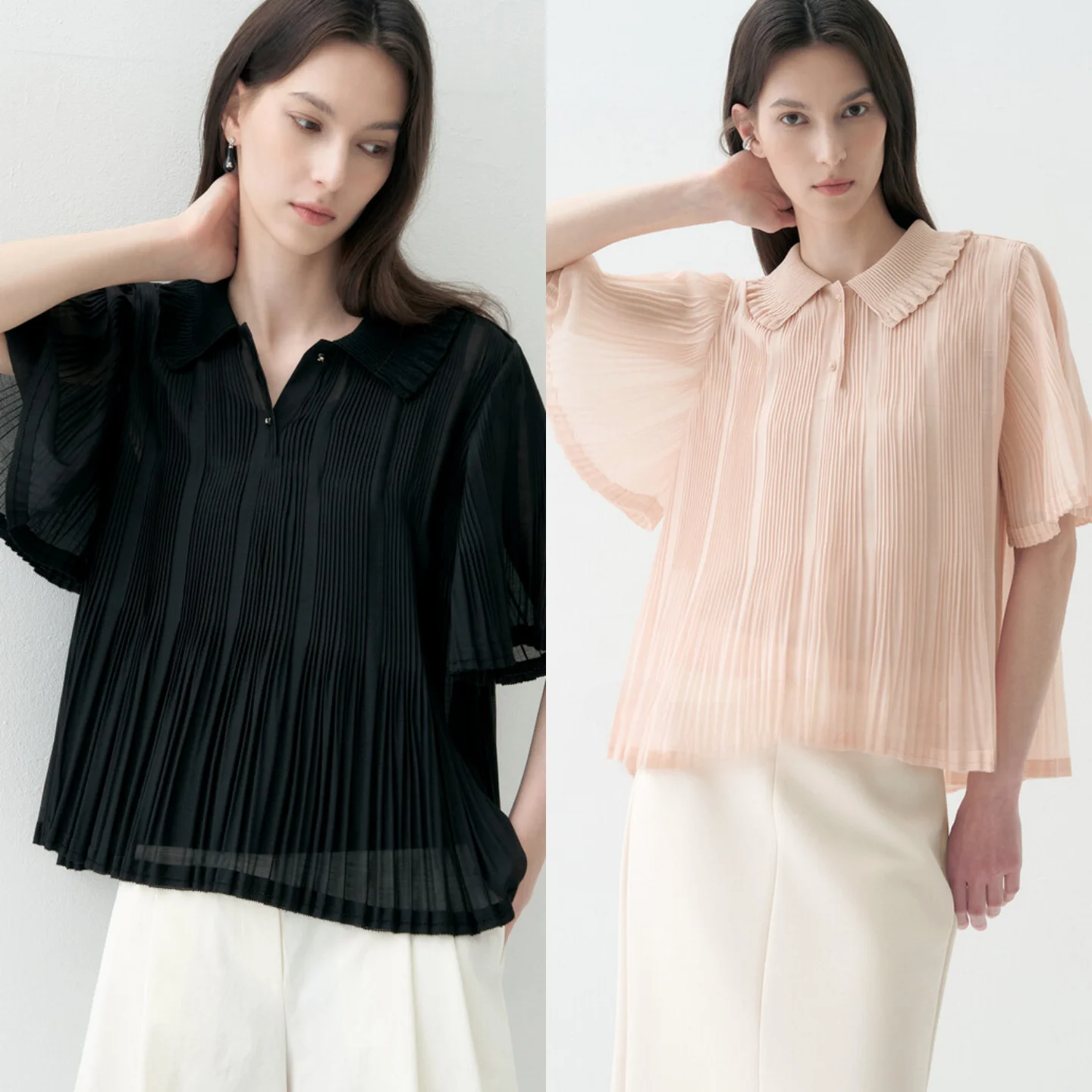 

Elegant Pleated Chiffon Shirt Knitted Doll Collar with Pleating Process Commute Versatile Short Sleeve Top Women's Fashion