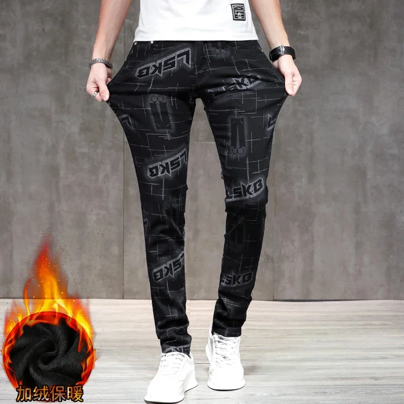 Winter velvet thickened warm jeans men's camouflage personalized 3D printing popular pencil pants stretch Slim cotton 2