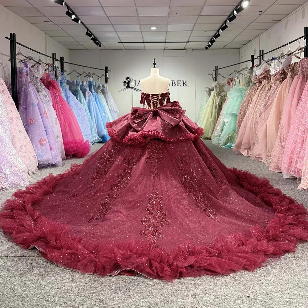 Quinceañera Dress Burgundy Sweetheart Off the Shoulder Beaded Corset 3D Floral Ruffle Tiered Ball Gown Vestido de XV Años