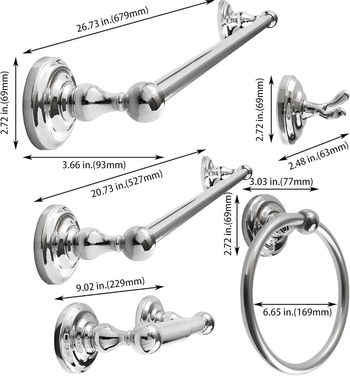 Bathroom Accessories Set, Bath Hardware, Includes Robe Hook, Toilet Paper Holder, Towel Ring, 18” & 24” Towel Bar