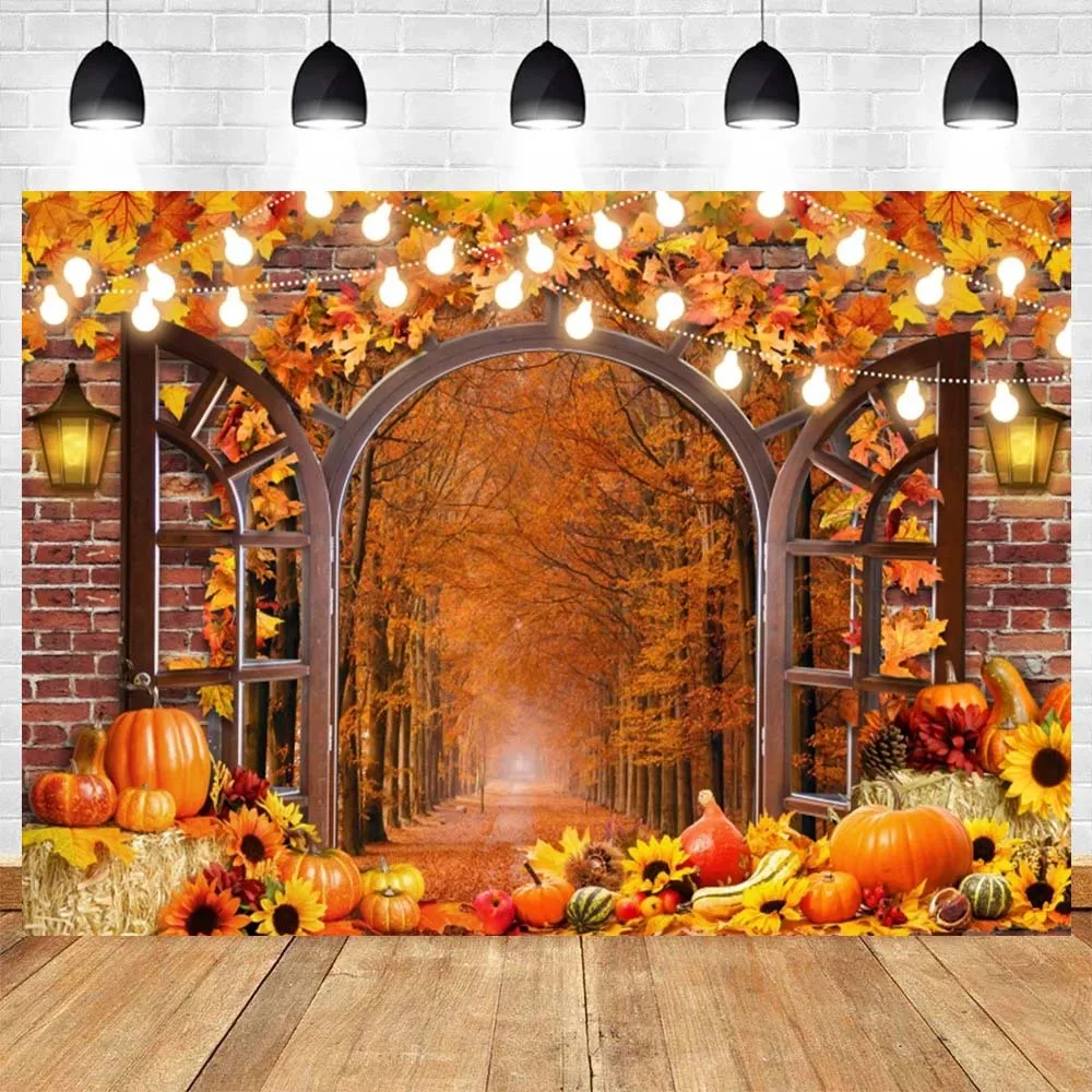 

Thanksgiving Backdrop Autumn Forest Window Fall Maple Leaves Pumpkin Harvest Kids Portrait Photo Photography Background Decor