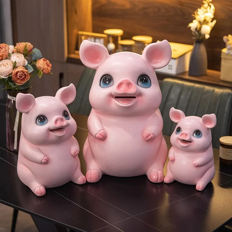 Cute Cartoon Pig Child Savings Jar Creative Piggy Bank Desk Decoration Ornaments Animal Resin Sculpture Room Aesthetic Decor