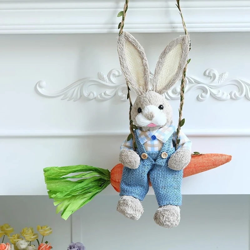 Easter Straw Bunny Figurine, Straw Rabbit On Carrot Swing, Bunny Statue Hanging Ornament For Easter Holiday Home Decor