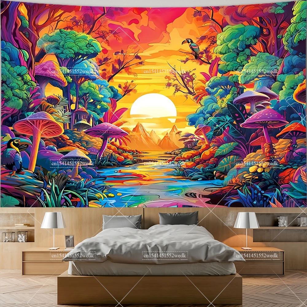 Boho Mountain Sunset Tapestry Trippy Forest Tree River Landscape Tapestries Aesthetic Room Decoration Cactus Wall Art Background