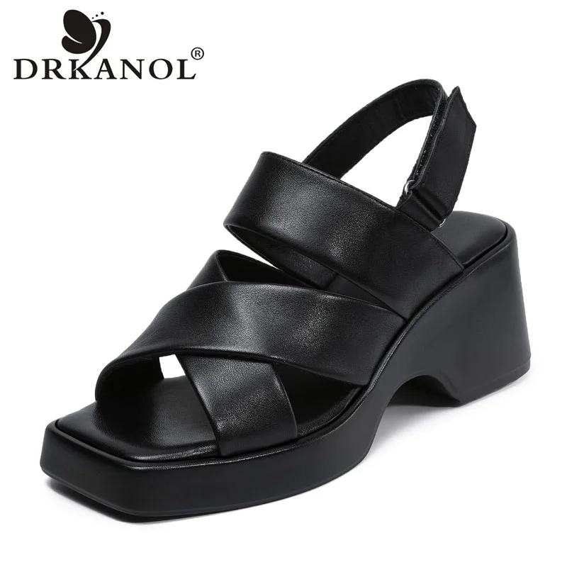 

DRKANOL 2026 Women Wedges High Heel Sandals Summer Cross Genuine Cow Leather Peep Toe Back Strap Platform Casual Women Sandals