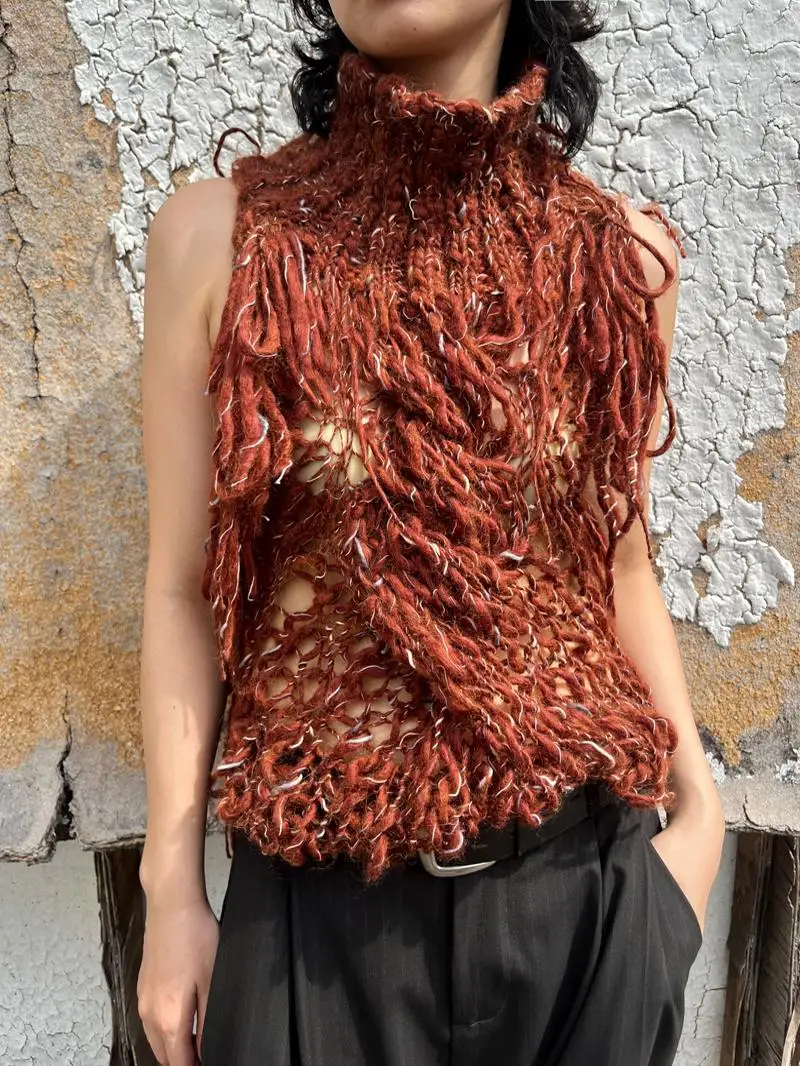 

Вязаный жилет ручной работы, уникальный дизайн, удлиненный, из смесового хлопка и полиэстера, оригинальный дизайн, весенняя мода, женский жилет