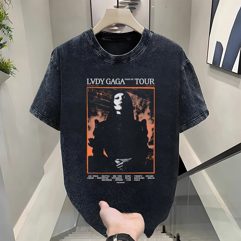 

Vintage European and American Streetwear Brand LadyGaga, American Classic Retro Washed Pure Cotton Short-sleeved T-shirt for Men