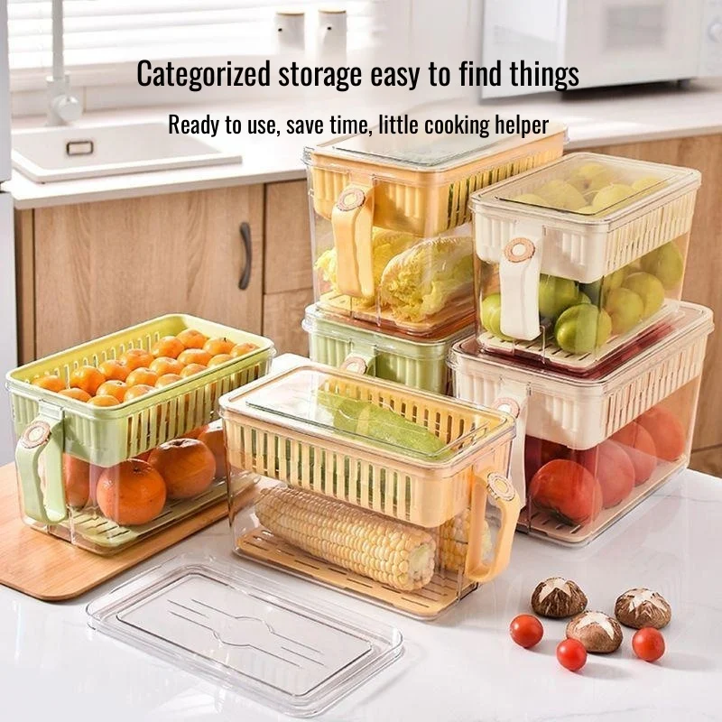 Refrigerator storage box food grade with handle fresh-keeping box vegetable fruit large capacity with lid drain storage box