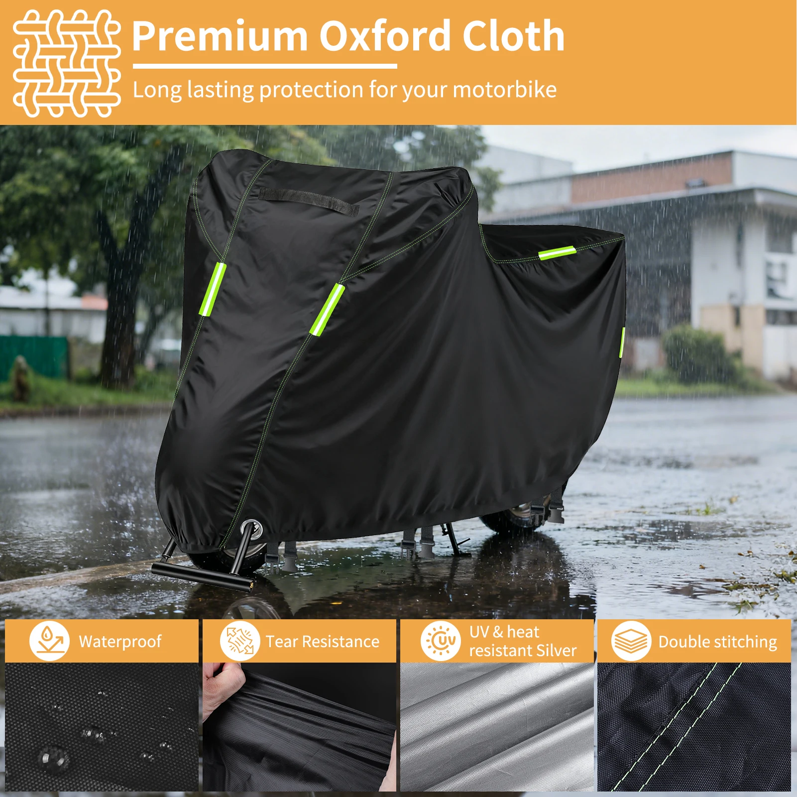 オートバイカバー 防水 屋外 反射材付き バイクカバー オールシーズン 防塵 紫外線防止 耐摩耗性 収納袋付き