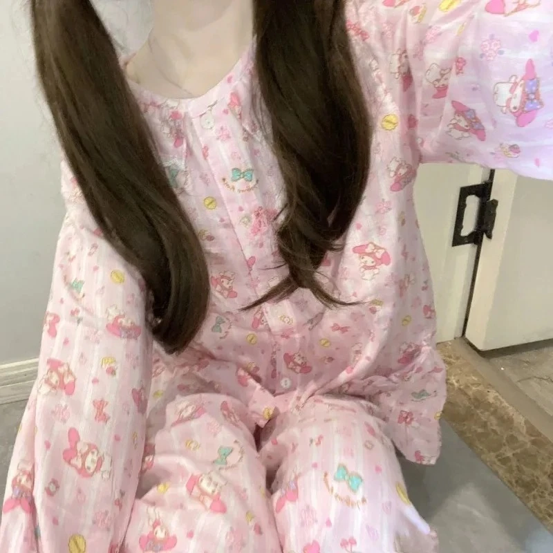 

Sanrio My Melody Kawaii Soft Pajamas Women Spring and Autumn Long Sleeve New anime Cartoon Accessories Home Service Set Gift.