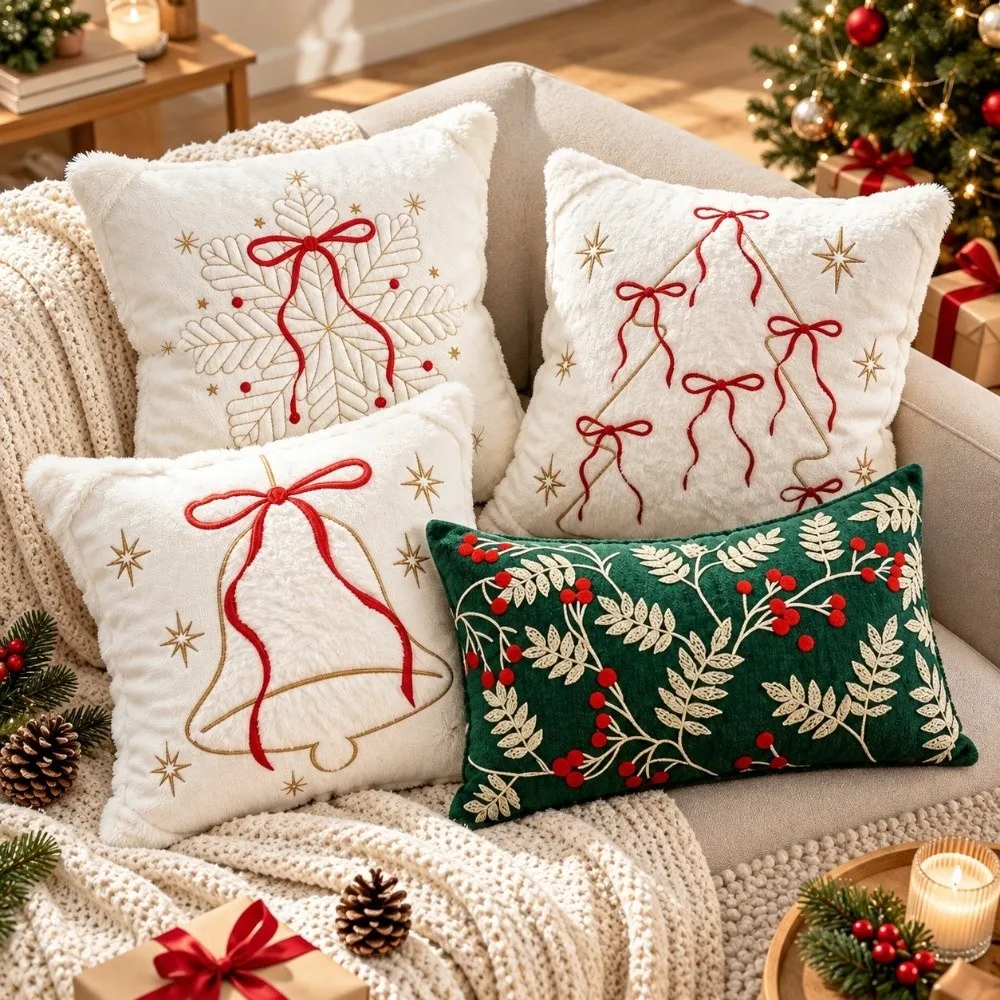 New Christmas Throw Pillow Covers Xmas Tree Green White Embroidered Pillowcase Bell Snowflake Tufted Pillow Covers Holiday Party