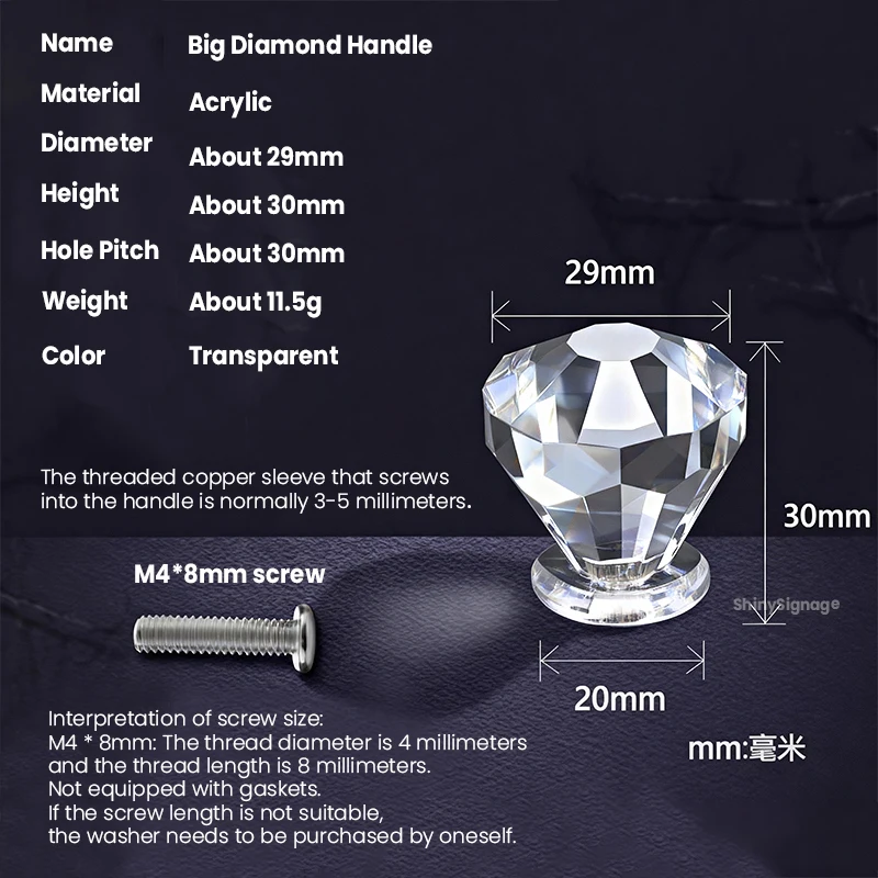50 Pcs About 29mm Clear Acrylic Diamond Shape Drawer Pulls Modern Cabinet Handles Brand New Knobs for Furniture Drawers