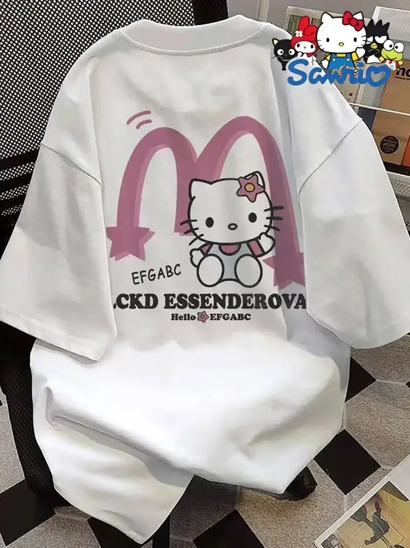 تي شيرت قطني بتصميم سانريو هالو كيتي مع نجمة قوس وردية ونص عصري EFGABC CKD ESSENDEROVA قطن مطبوع #1