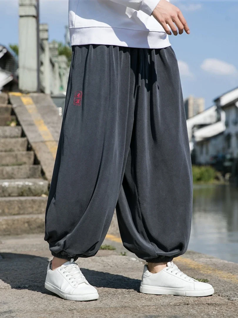 2025 Spring Autumn Men Polar Fleece Pants Men Velvet Black Harem Pants Male Solid Color Wide Leg Pants Harajuku Jogging Trousers