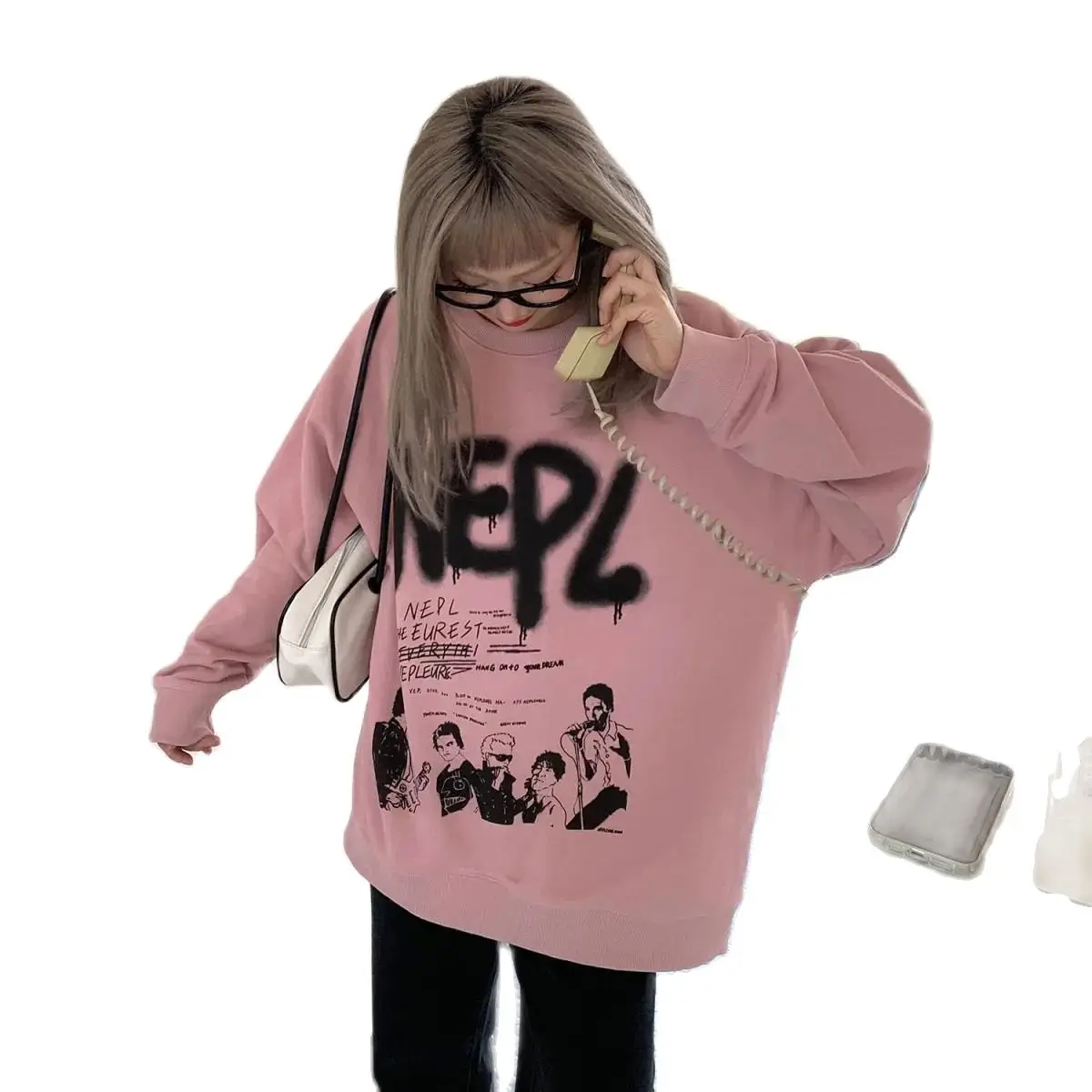 Sudadera con estampado de grafiti para mujer, Jersey holgado de color rosa, estilo Retro, Punk, para primavera y otoño, 2023