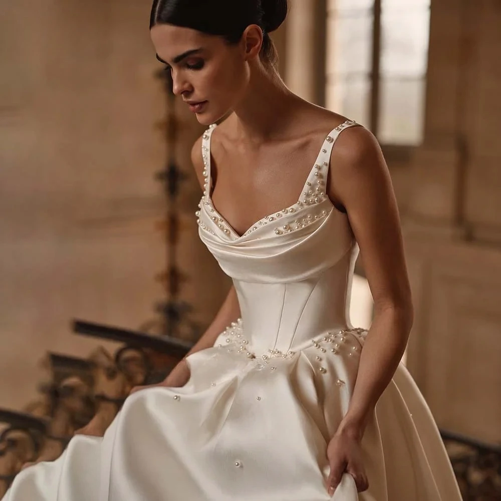 Pérolas personalizadas a linha vestidos de casamento cintas de espaguete vestido de noiva sem costas vestidos de noiva vestido de novia