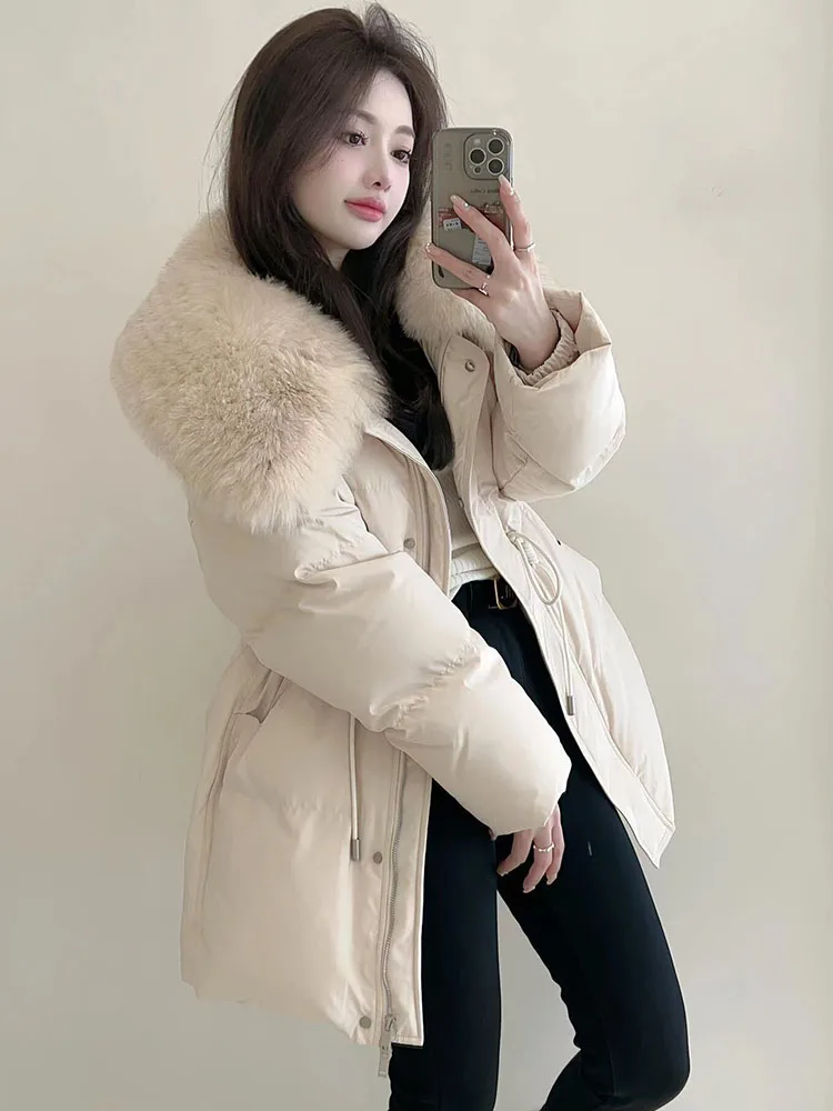 Echte natuurlijke vossenbontkraag donsjack damesmode witte ganzendons jas winter dikke donsjack warme bontjas