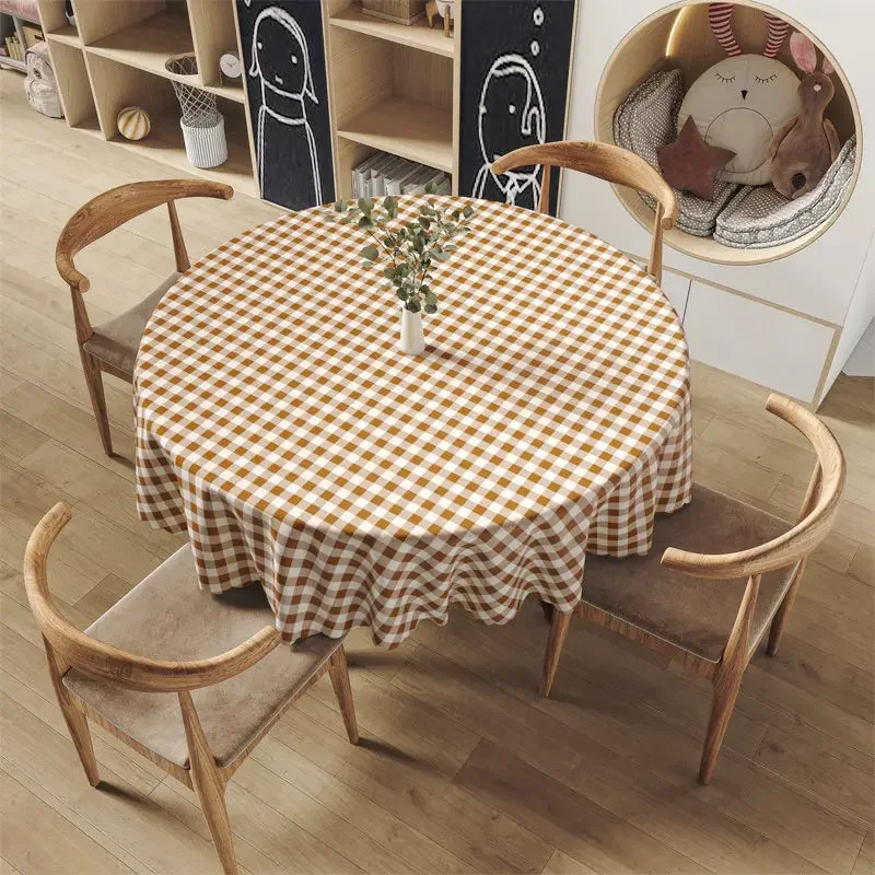 

Tablecloth Round 140cm White Plaid PVC Geometric Printed Table Cover Waterproof Oilproof for Dining Table 55 Inches Modern Style